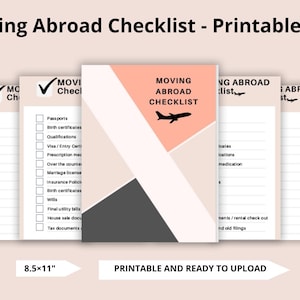 Puede incluir: Lista de verificación imprimible para mudarse al extranjero, con un esquema de color rosa y gris y un icono de avión. La lista de verificación incluye elementos como pasaportes, certificados de nacimiento y facturas de servicios públicos. El documento mide 8,5 x 11 pulgadas.