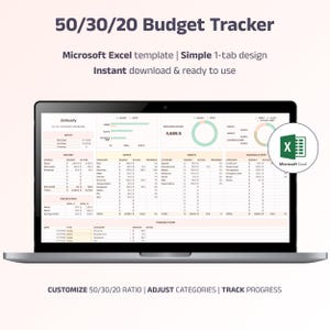 Excel Budget 50/30/20 | Monthly Financial Planner | Personal Expense Tracker | Automated Calculations | Money Management Tool