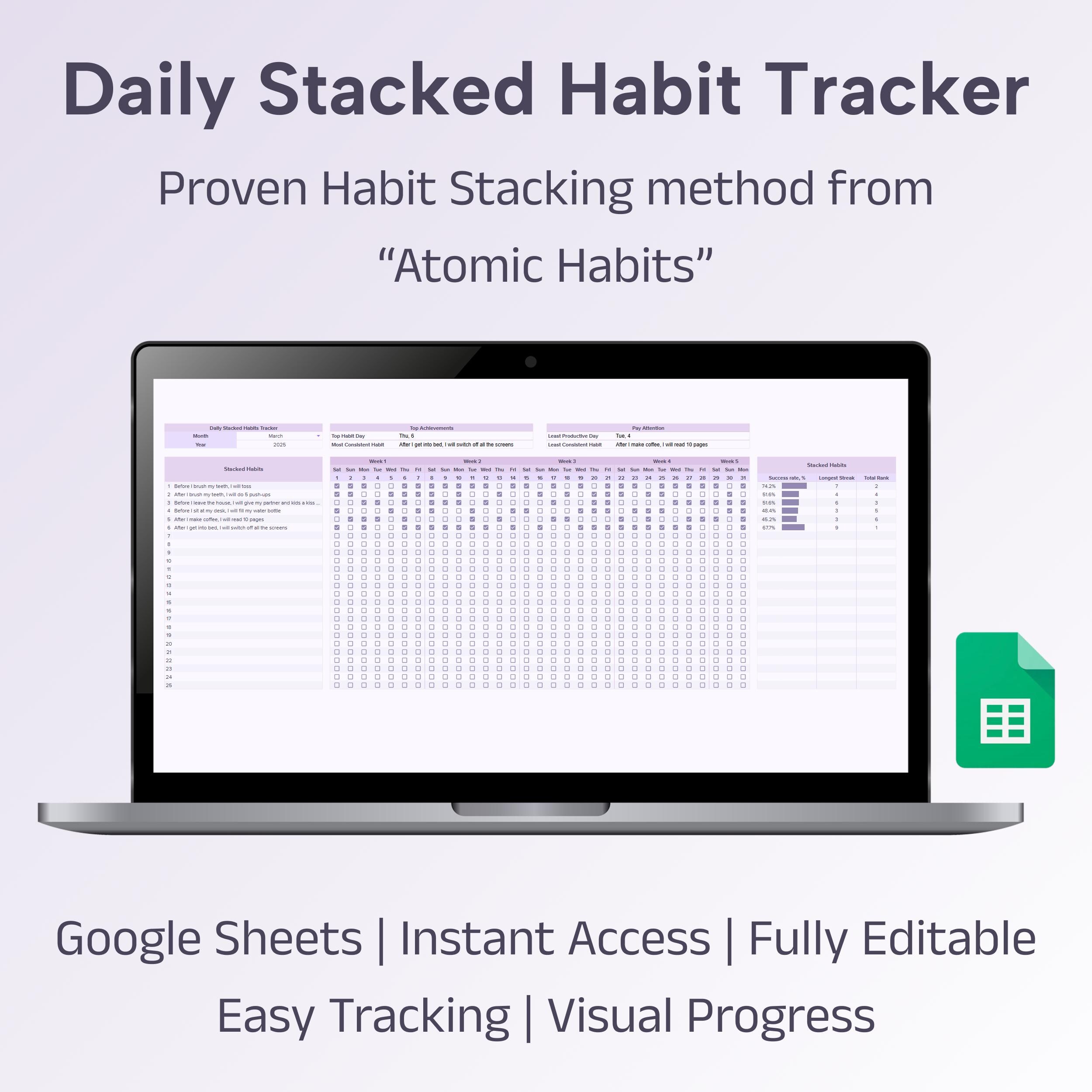 Atomic Habits Tracker | Habit Stacking Template | Google Sheets | Daily Productivity System | Self Improvement Planner | Digital