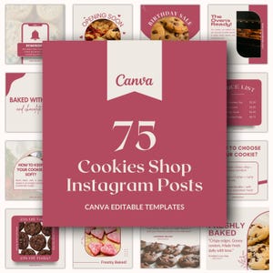 May include: A collection of 75 Cookies Shop Instagram Posts templates, Canva editable, in a maroon color scheme. The image includes various cookie-themed graphics and text elements, such as "Birthday Sale" and "Freshly Baked."