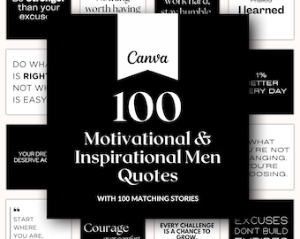 100 Men Motivational Quotes, 100 Inspirational Black and White Instagram Post Templates, Editable Canva Social Media Posts