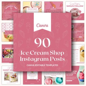 Può includere: Una collezione di 90 modelli di post di Instagram modificabili per una gelateria, progettati in uno schema di colori rosa. I modelli includono vari layout con illustrazioni e testo di gelati, come "Giveaway Time" e "Your New Favorite Scoop".