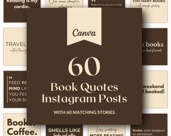 60 publicaciones de Instagram con frases de librerías, plantillas para redes sociales relacionadas con los libros, publicaciones editables en Canva para Bookstagram
