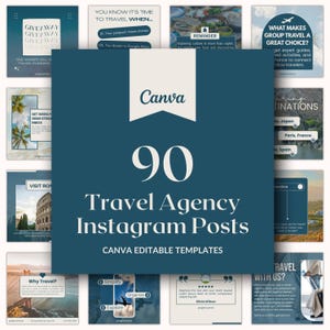 90 Travel Agency Instagram Posts, Editable Canva Templates for Travel Agents, Tour Operators & Travel Businesses Social Media Content