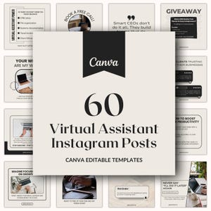 60 Virtual Assistant Instagram Posts, Editable Canva Social Media Templates for Remote Workers, Business Assistants & Freelancers