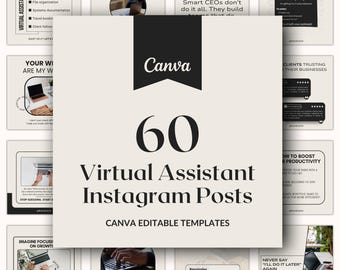 60 Virtual Assistant Instagram Posts, Editable Canva Social Media Templates for Remote Workers, Business Assistants & Freelancers