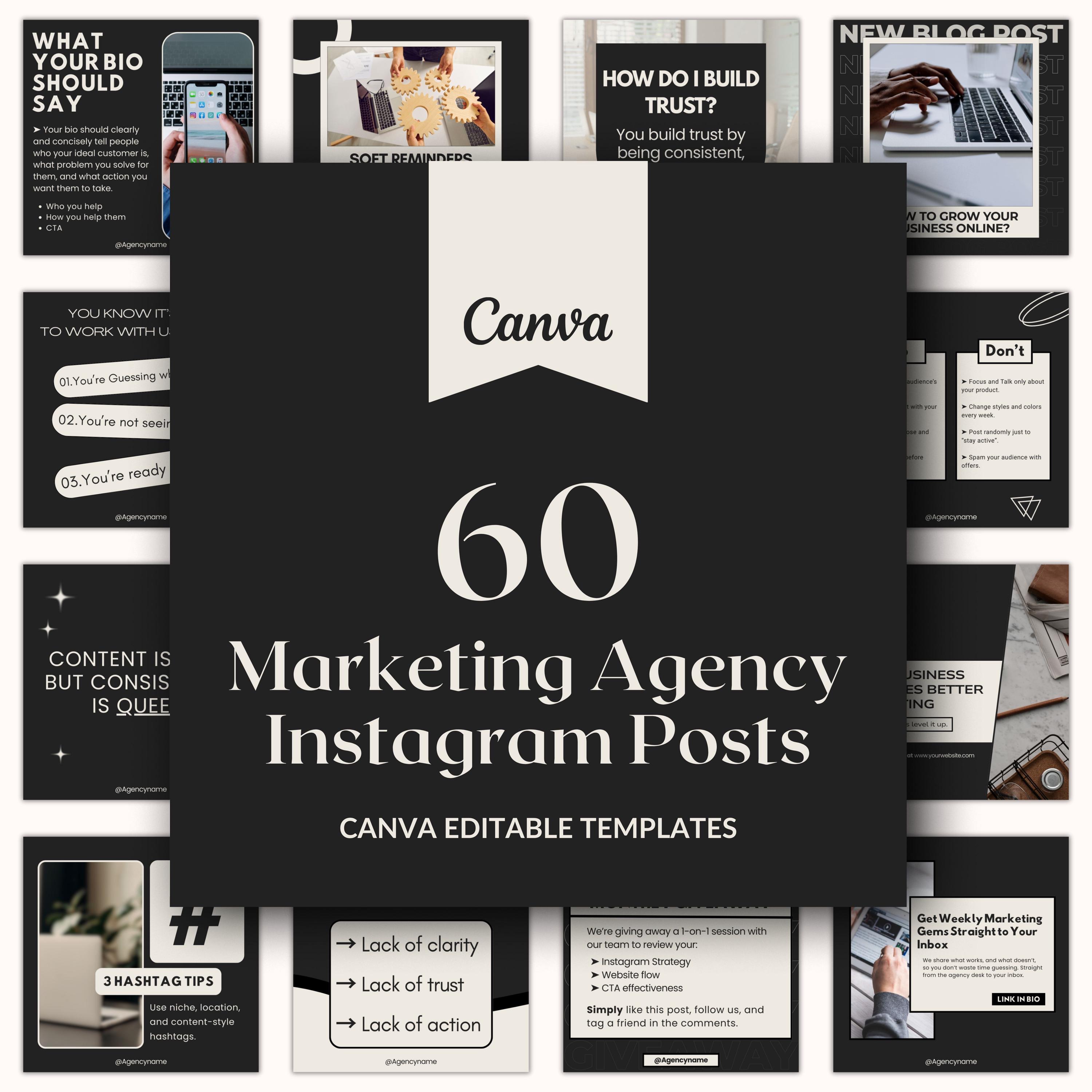 60 Marketing Agency Instagram Posts, Editable Canva Templates for Social Media Managers, Digital Marketing Agencies & Entrepreneurs Content