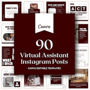 May include: A collection of 90 virtual assistant Instagram post templates in a dark red and white color scheme. The central graphic features the text Canva, 90 Virtual Assistant Instagram Posts, and Canva Editable Templates in white font.