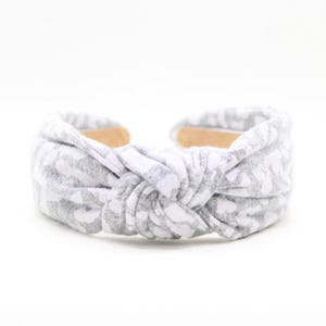 Women&#39;s Top Knot Headband | Snow Leopard Gray Headband | Girls Top Knot Headband | Tween Top Knot Headband