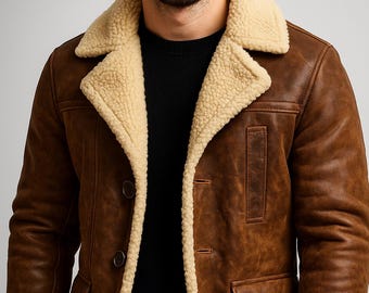 Men's Brown Shearling Leather Coat: Sherpa Lined Winter Outerwear