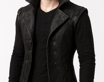 Handmade Black Leather Steampunk Vest, Men's Gothic Medieval Jacket