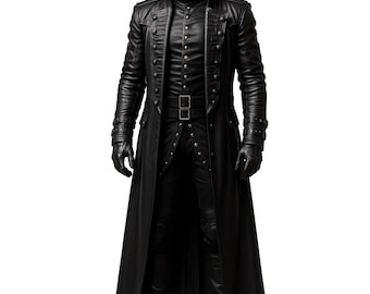 Handmade Black, Blue, Red Leather Trench Coat, Steampunk Gothic Duster Overcoat