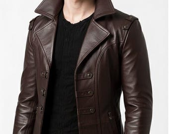 Gabardina de cuero marrón hecha a mano, estilo gótico steampunk