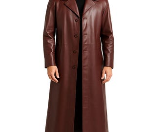 Men's Handmade Maroon Leather Trench Coat, Gothic Duster