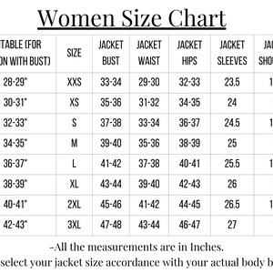 May include: A white chart titled "Women Size Chart" with jacket measurements in inches. The chart includes bust, waist, hips, sleeves, and shoulder measurements, with sizes ranging from XXS to 3XL. Text at the bottom states measurements are in inches.