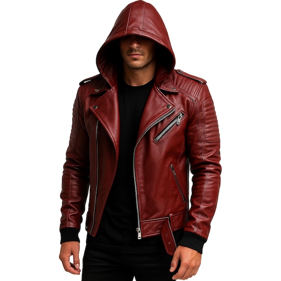 Men's Red Leather Hoodie Jacket: Biker Style Cosplay - Etsy Israel