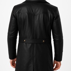 May include: A black leather coat with a double-breasted closure and a belt in the back.