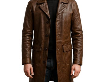 Men&#39;s Real Leather Distressed Brown Duster Long Trench Coat, Handmade Men&#39;s Long Brown Leather Coat, Vintage Brown Leather Coat for Men