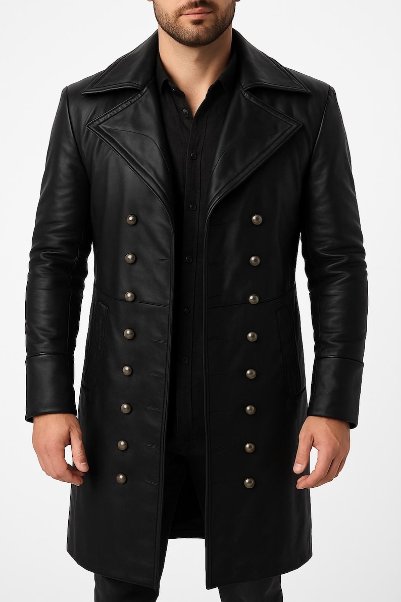 May include: A long black leather coat with a double breasted button closure and a high collar.