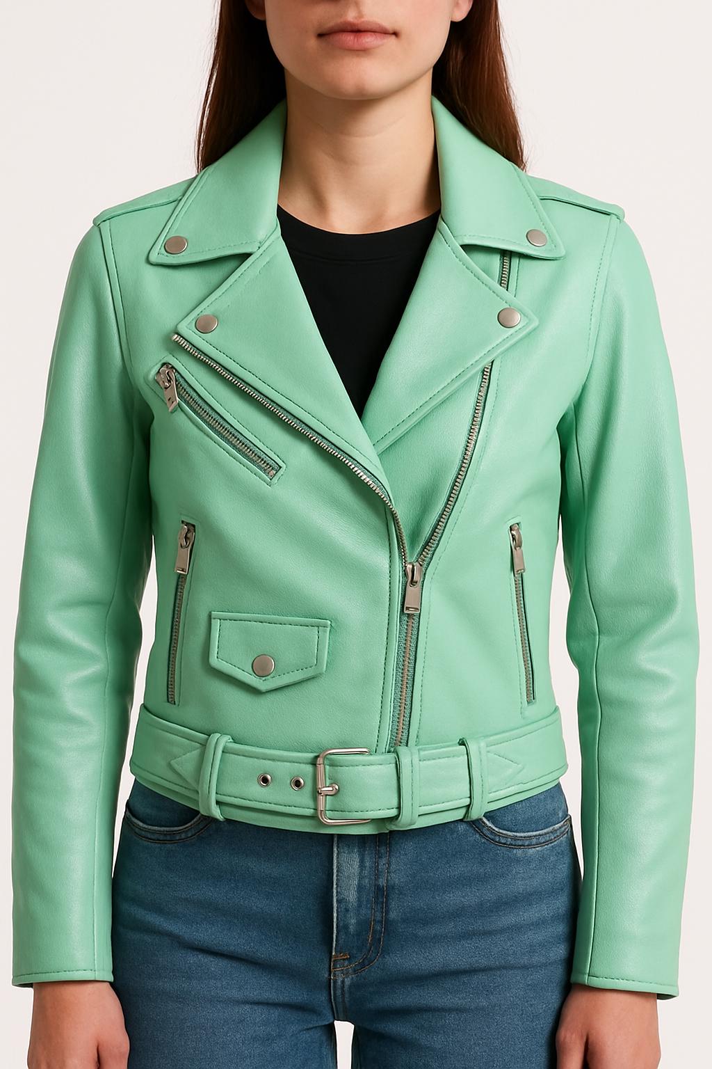 Mint Green Vegan Leather Biker Jacket: Cropped & Belted - Etsy