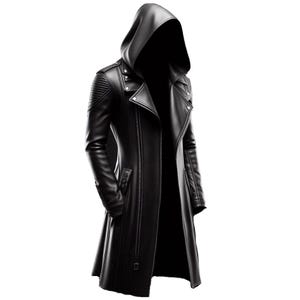 May include: A long black leather coat with a large hood and zipper closure. The coat has multiple pockets and a belt.