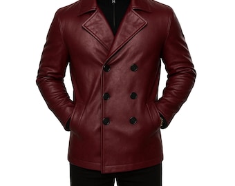 Maroon Leather Men's Peacoat: Double-Breasted Winter Coat
