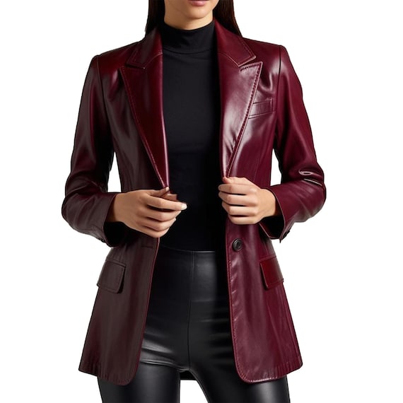 Handmade Maroon Leather Blazer, Women's Classic Coat