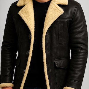 Handmade Black Shearling Jacket, Men’s Black Fur Lined Coat, Black Leather Shearling Coat, Men’s Black Sherpa Lined Leather Coat, Black Coat