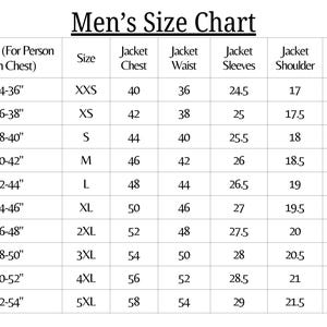 May include: A size chart for jackets, showing measurements for chest, waist, sleeves, shoulder, and length in inches. The chart includes sizes from XXS to 5XL.