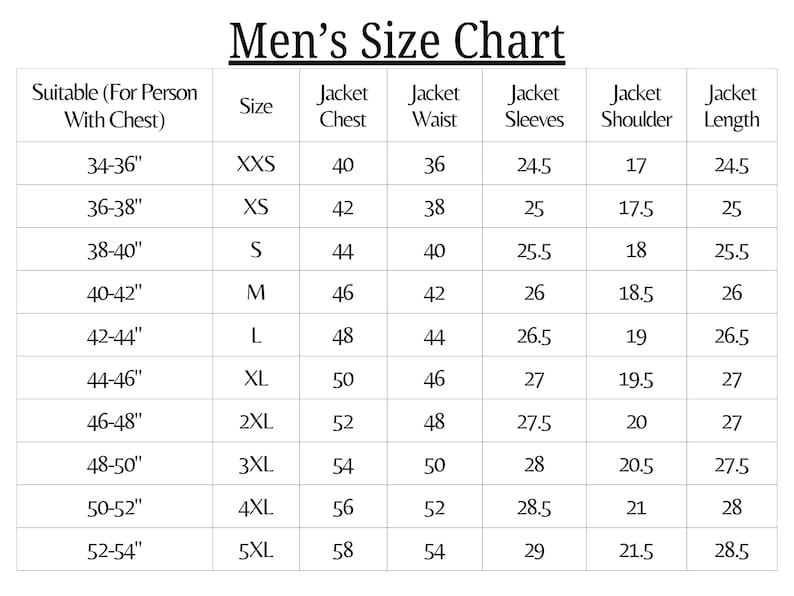 May include: A size chart for jackets, showing measurements for chest, waist, sleeves, shoulder, and length in inches. The chart includes sizes from XXS to 5XL.