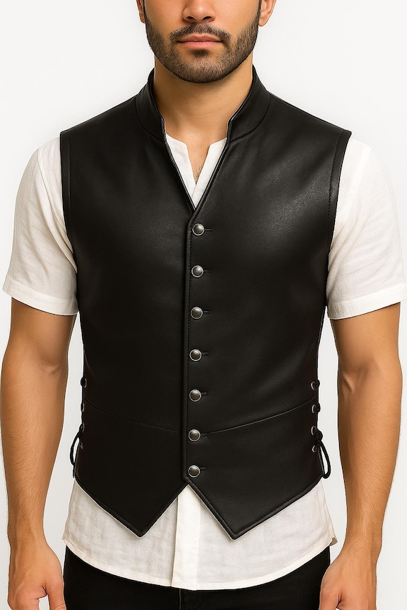 Men's Black Leather Vest: Vintage Style Waistcoat Men's Black Leather Vest: Vintage Style Waistcoat
