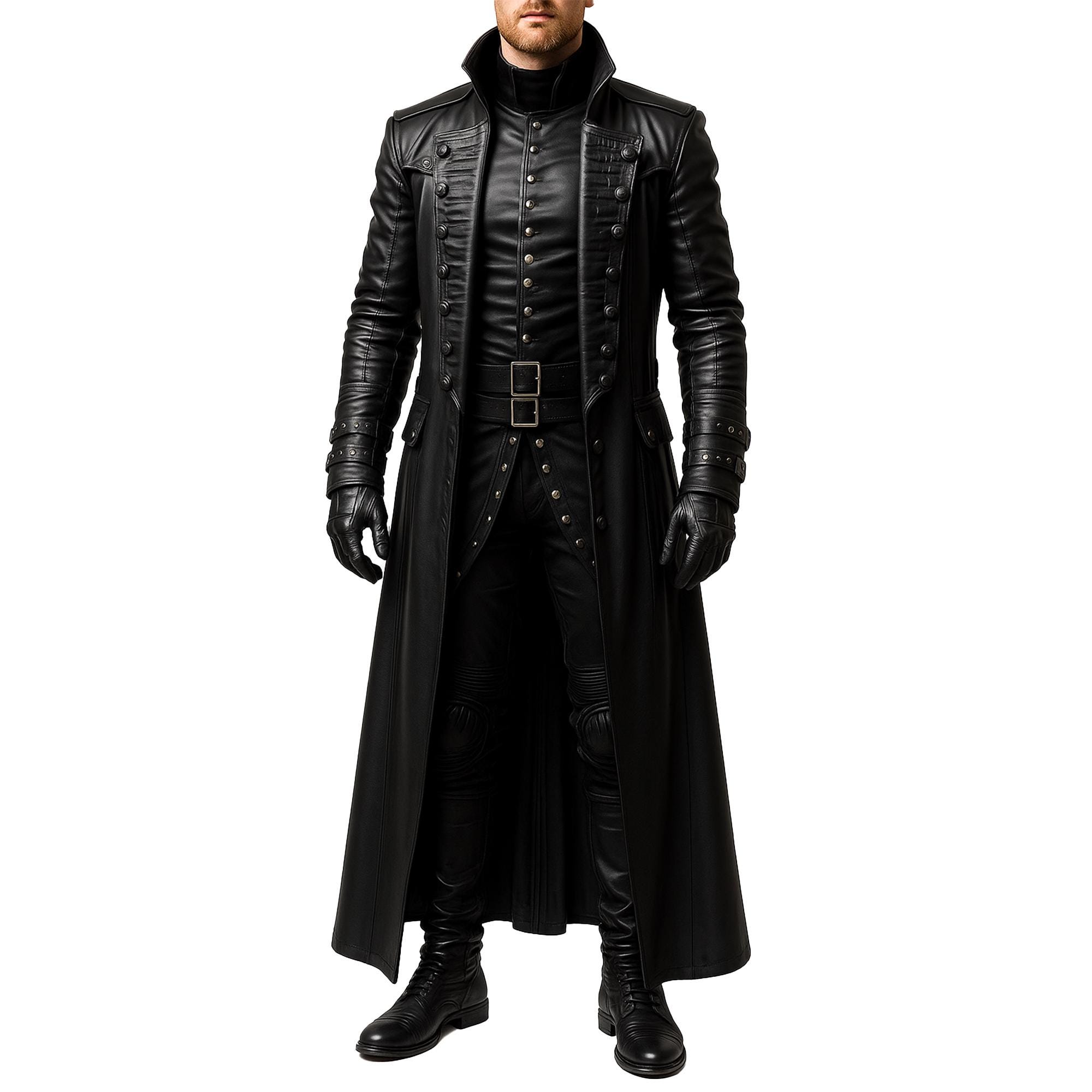 Men's Black Leather Trench Coat, Men's Gothic Leather Duster Coat, Men's Black Leather Overcoat, Victorian Style Leather Coat for Men, Gifts