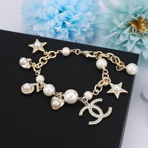 Pulsera vintage para mujer, pulsera con letras de diamantes y perlas de oro de 18 quilates bañada en plata 925, regalo para esposa