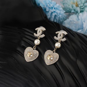 Vintage women's earrings, luxury earrings with full diamonds and pearls, anniversary gift for wife