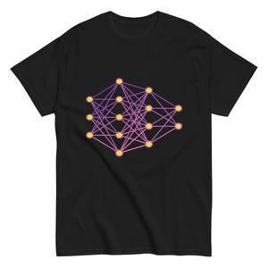 May include: Black t-shirt with a purple and yellow neural network graphic.