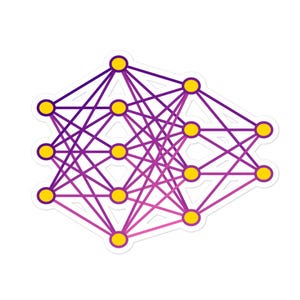May include: A purple and pink neural network with yellow circles connected by lines. The network is a visual representation of a machine learning algorithm.