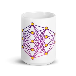 May include: White ceramic mug with a purple and pink neural network design. The network is made up of yellow circles connected by lines.