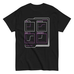 Puede incluir: Camiseta negra con un gráfico blanco de cuatro funciones de activación utilizadas en redes neuronales: ReLU, sigmoide, tanh y Leaky ReLU. Cada función está representada por una gráfica con una línea morada.