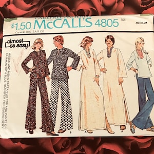 May include: A vintage McCall's sewing pattern for a caftan or top and pants. The pattern is for sizes medium and includes a blue transfer for embroidery. The pattern is titled "Almost as Easy" and is numbered 4805.