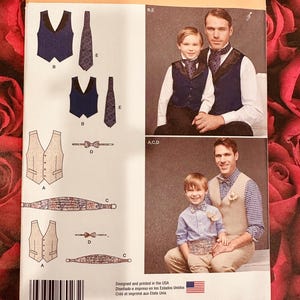 May include: A sewing pattern for a vest and bow tie. The pattern includes instructions for making a vest and bow tie for both adults and children. The pattern is designed and printed in the USA.