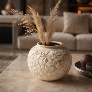 Peut inclure: Un vase rond en céramique blanc cassé présentant une texture de surface géométrique à facettes. Le vase possède une large ouverture et contient plusieurs tiges hautes, séchées et plumeuses de couleur beige d'herbe de la pampa.