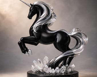 May include: A black unicorn figurine with a translucent, flowing mane and tail, featuring a spiraled horn. The creature is posed in a rearing stance atop a base of clear, jagged crystal formations set on a circular black marble pedestal with a silver rim.