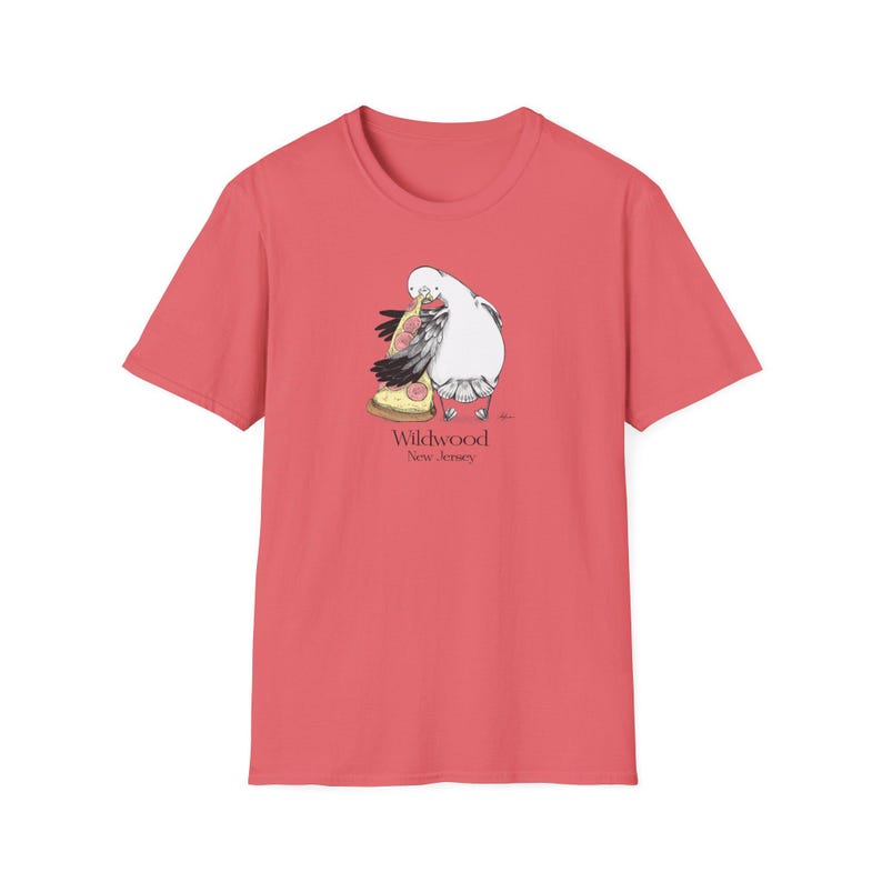 Wildwood - Jersey Shore Seagull - Unisex Soft T-Shirt | Hand-Drawn Seagull Design for Jersey Shore Towns Coral Silk