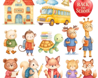 38 PNG, 3000 pixels. 300 dpi. Watercolor Back to School Clip Art. Hand drawn clip art. Cute animals for nursery or preschool. Commercial.