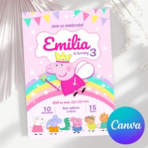 Bearbeitbare Peppa Pig Fee-Geburtstags-Einladung. Druckbare Kinder-Einladung Vorlage. Peppa Pig Fairy Girl Digitale Einladung