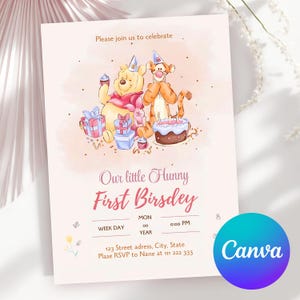 Modelo editável de convite de aniversário clássico. Convite para o primeiro aniversário. Ursinho Pooh.
