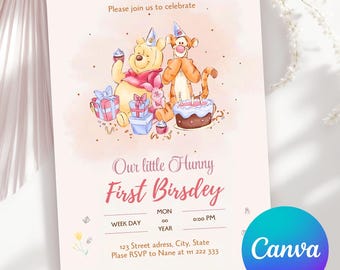 Winnie the Pooh. Editable template Classic Birthday Invitation. First Birthday Invitation. Winnie the Pooh