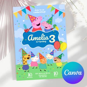 Bearbeitbare Peppa Pig Friends Geburtstagsfeier-Einladung. Druckbare Einladungsvorlage für Kinder. Digitale Einladungskarte Peppa Pig Freunde