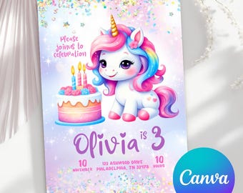 Editable Unicorn Birthday Invitation, Magical Pastel Unicorn Birthday Party, Canva Template