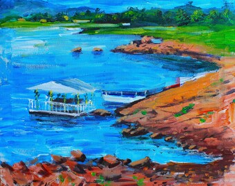 May include: A painting of a lake scene with a white gazebo on a dock in the water. The lake is a bright blue and the sky is a light blue. There are green trees in the background and brown rocks along the shore.